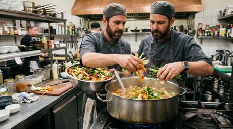 restaurant chef repurposing vegetable scraps into stock to reduce food waste