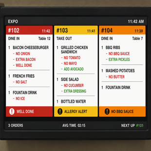 Restaurant kitchen display system showing live orders, customizations, allergy alerts, and preparation times.