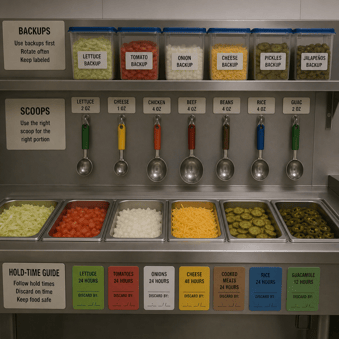 Commercial kitchen ingredient station with labeled backup containers, portion-control scoops, and food-safety hold-time guides.