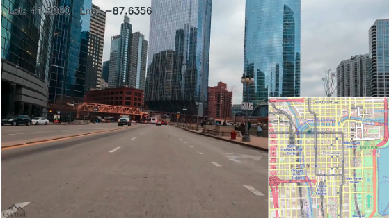 Demo screenshot: Chicago Loop dashcam footage with minimap overlay showing estimated position and cell confidence heatmap