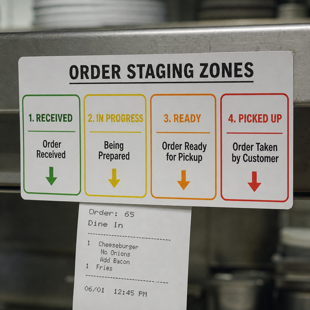 Restaurant order staging zone sign showing received, in-progress, ready-for-pickup, and picked-up order statuses.