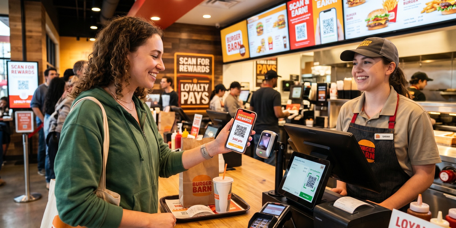QSR customer scanning a loyalty rewards app to earn points